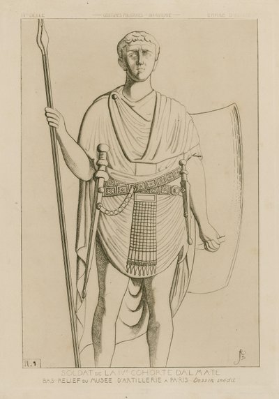 Soldado de la IV cohorte Dalmata. Bajo relieve del Museo de Artillería en París. Dibujo inédito. Trajes militares - infantería - Imperio de Occidente. de Raphael Jacquemin