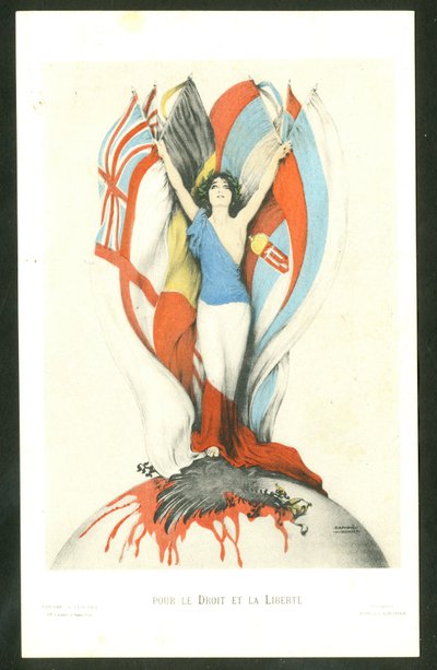 Postal, Color Satírico: Por la Ley y la Libertad - Guerra del 14-18, Aliados, Banderas - Ilustración de Kirchner (1876-1917) de Raphael Kirchner
