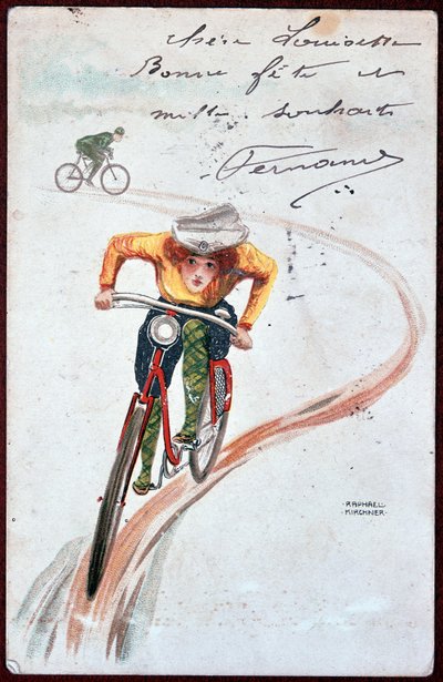 Postal de una mujer en bicicleta - dibujo de R. Kirchner, c. 1900 de Raphael Kirchner