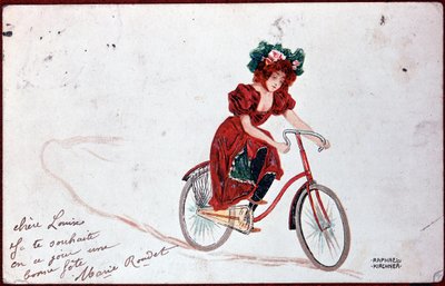 Postal de una mujer en bicicleta - ilustración de R. Kirchner, c.1900 de Raphael Kirchner