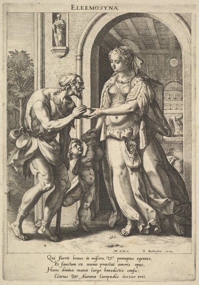 Limosna: una mujer con tocado de perlas y halo entrega pan a dos mendigos, uno de ellos hombre, 1589 de Raphael Sadeler