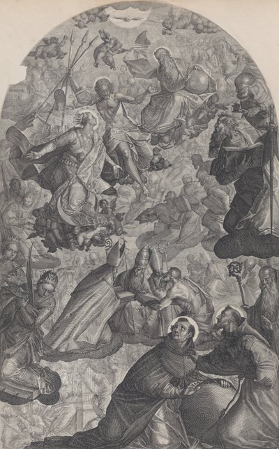 La visión de San Domingo, con Dios el Padre y Cristo en el centro superior, la Virgen de pie..., 1607 de Raphael Sadeler II