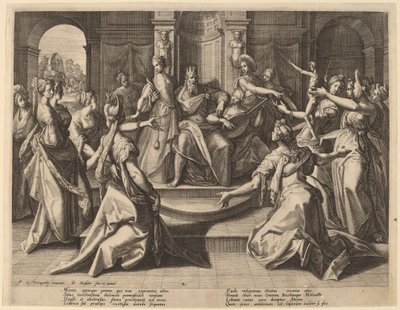 Salomón llevado a la idolatría por sus esposas de Raphael Sadeler I after Joos van Winghe