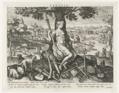 Diana como patrona de la caza Venatio (título sobre objeto) Principales actividades de un príncipe (título de la serie) Schema, seu speculum principum (título de la serie) de Raphaël Sadeler (I)