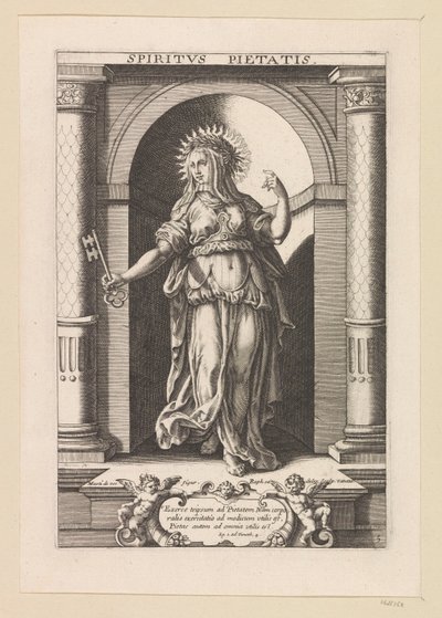 Don de la Religión Spiritvs Pietatis (título sobre el objeto) Siete dones del Espíritu Santo (título de la serie) de Raphaël Sadeler (I)