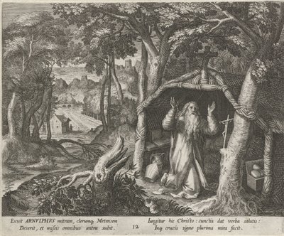 San Arnoldo de Metz como ermitaño La vida virtuosa de los ermitaños (título de la serie) Trophaeum vitae solitariae (título de la serie) de Raphaël Sadeler (I)