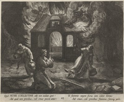 San Pedro Celestino como ermitaño La vida virtuosa de los ermitaños (título de la serie) Trophaeum vitae solitariae (título de la serie) de Raphaël Sadeler (I)