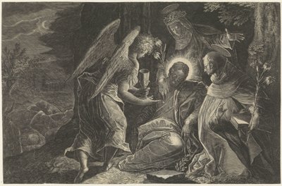 Cristo es consolado en Getsemaní por un ángel, Santo Domingo y Santa Catalina de Siena espejo de obediencia Perfectissimvm Obedientiae Specvlvm (título sobre el objeto) Espejos de obediencia, castidad y pobreza (título de serie) de Raphaël Sadeler (II)