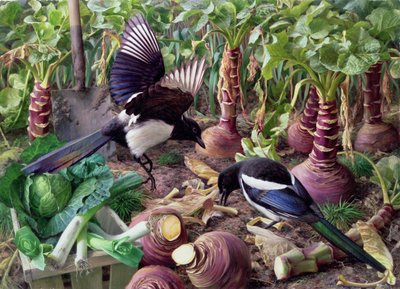 Urracas en la huerta (tablero) de Raymond Booth