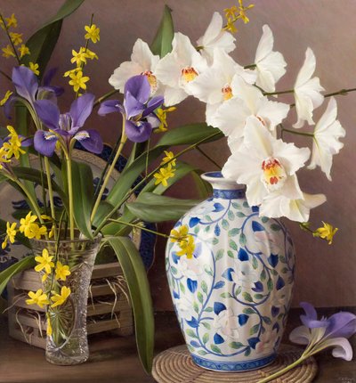 Orquídea con jarrón japonés (óleo sobre tabla) de Raymond Booth