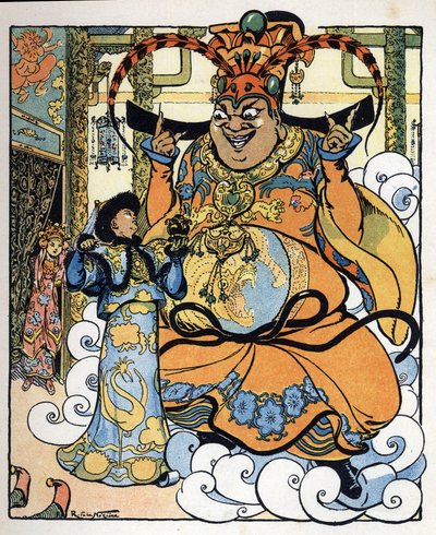Aladino, la princesa Badroulboudour y el genio ante el cuerpo del mago africano: ilustración para el cuento "Aladino o la lámpara maravillosa" de "Las mil y una noches". de Raymond de la Neziere