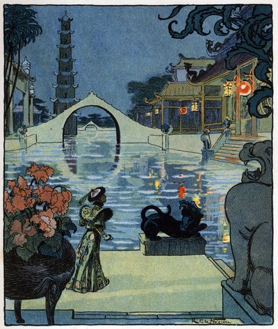 Aladino frente al palacio del mago africano: ilustración para el cuento "Aladino o la lámpara maravillosa" de "Las mil y una noches de Raymond de la Neziere