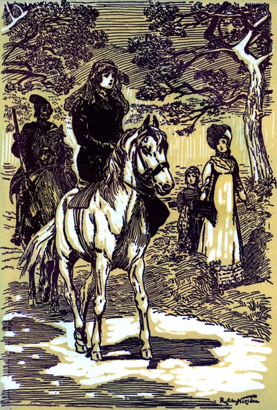 Colomba vestida de luto, a caballo, seguida de un campesino corso de Raymond de la Neziere