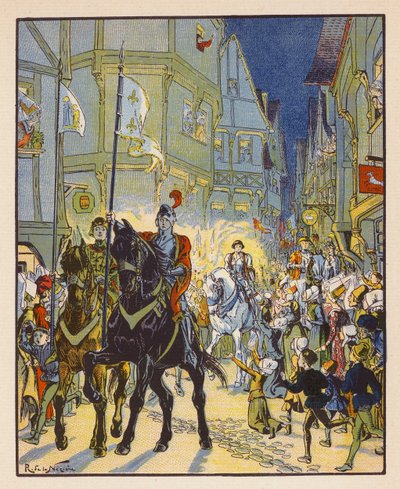 Entree De Jeanne A Orleans (litografía en color) de Raymond de la Neziere