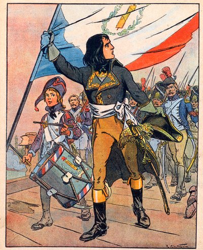 Primera campaña italiana: Napoleón Bonaparte (1769-1821) en la batalla del puente de Arcole, noviembre de 1796" tomado de "Nos-Gloires-Nationales" c.1920 (grabado) de Raymond de la Neziere