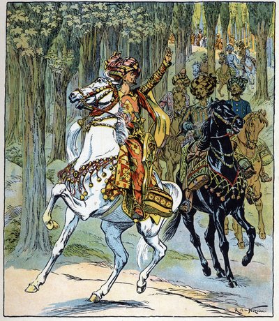 Ladrones a caballo: ilustración del cuento "Aladino o la lámpara maravillosa" de "Las mil y una noches de Raymond de la Neziere