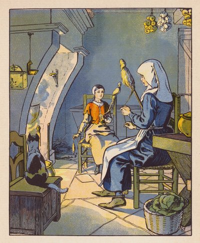 Jeanne A Domremy Avec Sa Mere (litografía en color) de Raymond de la Neziere