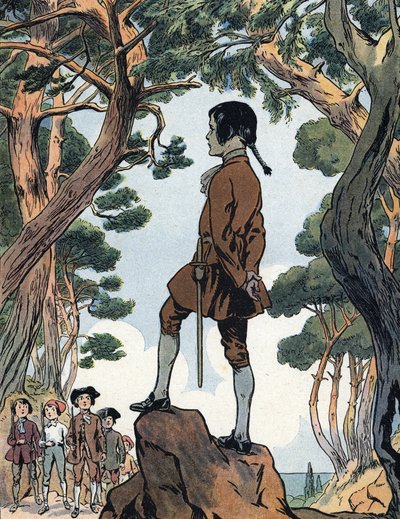 Napoleón Bonaparte (1769-1821) niño en Ajaccio, Córcega (Joven Napoleón Bonaparte en Ajaccio, Córcega) Ilustración de Raymond de Neziere en "Our-glories-nationales" 1920 Colección particular DR de Raymond de la Neziere