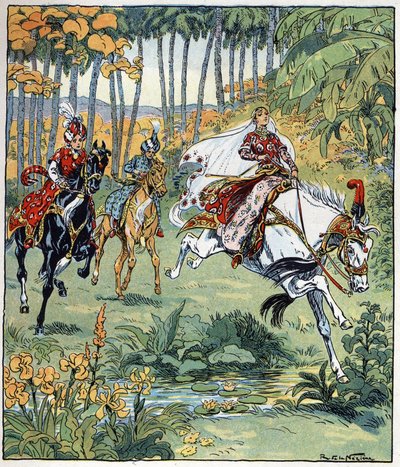 Parizade adelanta a sus hermanos Bahman y Pervis en la carrera de caballos. Ilustración de Raymond de La Neziere (1865- 1953) para el cuento "Histoire des deux sœurs jealous de leur cadette" de "Les mille et une nuits" (Les 1001 nuits ou Le mille e una not de Raymond de la Neziere