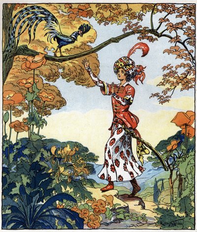 Parizade corrió hacia el pájaro y le puso la mano encima: ilustración del cuento "Aladino o la lámpara maravillosa" de "Las mil y una noches". de Raymond de la Neziere