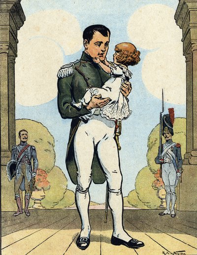 Retrato del Emperador Napoleón I (1769-1821) con su hijo el Aiglon (1811-1832) (Rey de Roma Napoleón II, Duque de Reichstadt) (Emperador francés Napoleón I con su hijo Napoleón II) Ilustración de Raymond de Neziere en "Our-Glories-Nationales" 1920 DR Pri de Raymond de la Neziere
