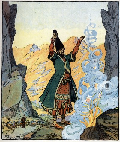 El monje derviche enciende fuego y lo rocía: ilustración del cuento "Aladino o la lámpara maravillosa" de "Las mil y una noches de Raymond de la Neziere