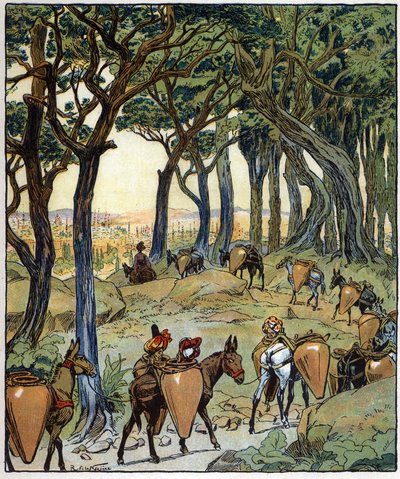 Toda la caravana tomó el camino de la ciudad: ilustración del cuento "Aladino o la lámpara maravillosa" de "Las mil y una noches". de Raymond de la Neziere