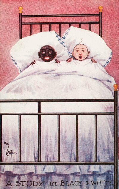 Niños en blanco y negro en una cama (litografía en color) de Reg Carter