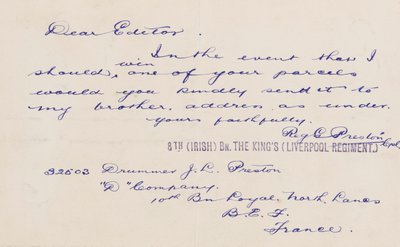 Carta al editor, 1914-18 de Reg G. Preston