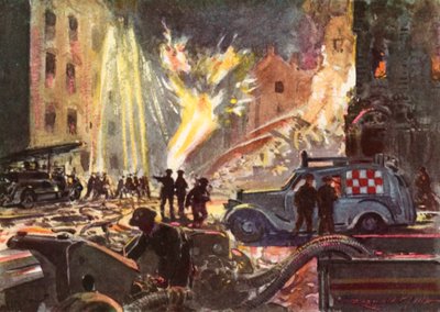 Bomberos del Servicio Nacional de Bomberos Británico de la Segunda Guerra Mundial se ocupan de una tubería de gas en llamas durante el bombardeo. de Reginald Mills