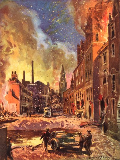 Bomberos del Servicio Nacional de Bomberos Británico en tiempos de guerra inspeccionando un gran cráter de bomba durante el Blitz, Segunda Guerra Mundial. de Reginald Mills