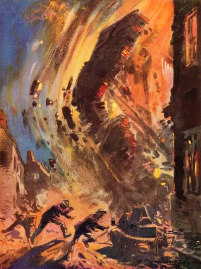 Bomberos del Servicio Nacional de Bomberos Británico en tiempos de guerra huyendo de un edificio en ruinas durante el Blitz, Segunda Guerra Mundial. de Reginald Mills
