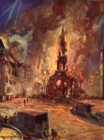 Iglesia de San Clemente Danés, Strand, Londres, en llamas durante el Blitz, Segunda Guerra Mundial de Reginald Mills