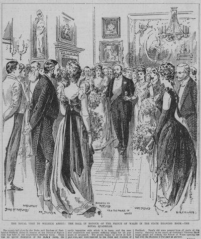 Bailando la Cuadrilla Real en el baile celebrado en honor del Príncipe de Gales en el salón de estado de la Abadía de Welbeck, Nottinghamshire. de Reginald Thomas Cleaver