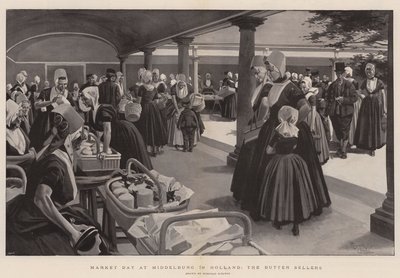 Día de mercado en Middelburg en Holanda, los vendedores de mantequilla (litografía) de Reginald Thomas Cleaver