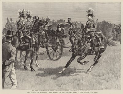 La Reina Victoria en el punto de saludo en la revisión de la semana pasada (grabado) de Reginald Thomas Cleaver