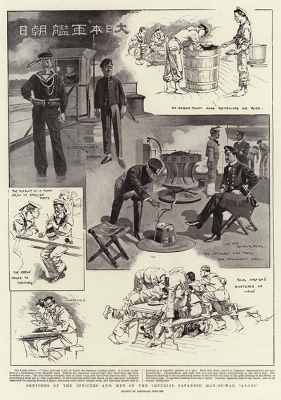 Bocetos de los oficiales y hombres del buque de guerra imperial japonés "Asahi" (litografía) de Reginald Thomas Cleaver