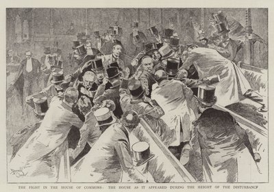 La lucha en la Cámara de los Comunes, la Cámara tal y como apareció durante el apogeo de los disturbios (grabado) de Reginald Thomas Cleaver
