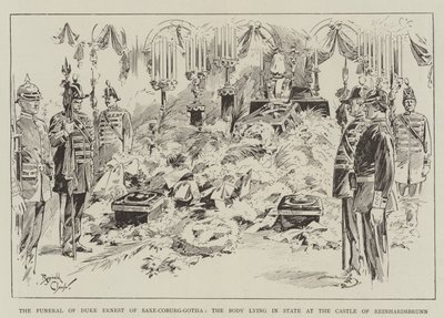 El funeral del duque Ernesto de Sajonia-Coburgo-Gotha, el cuerpo yace en el castillo de Reinhardsbrunn (grabado) de Reginald Thomas Cleaver