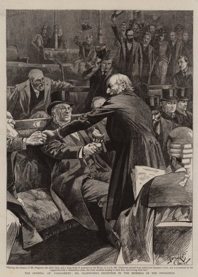Apertura del Parlamento, recepción del Sr. Gladstone por los miembros de la oposición (grabado) de Reginald Thomas Cleaver