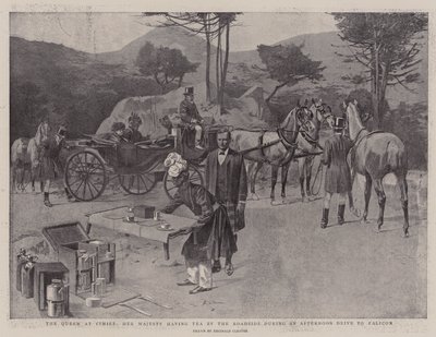 La Reina en Cimiez, Su Majestad tomando el té al borde de la carretera durante un paseo vespertino a Falicon (litografía) de Reginald Thomas Cleaver
