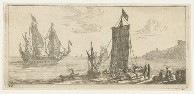 Bahía con un esquinero y un buque de guerra. Varios Embarquements et autre Faicts (título de la serie) Varias embarcaciones y similares (título de la serie) de Reinier Nooms