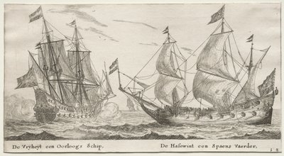 Barcos de Ámsterdam: La Libertad, un buque de guerra. El Sabueso, un barco español. de Reinier Nooms