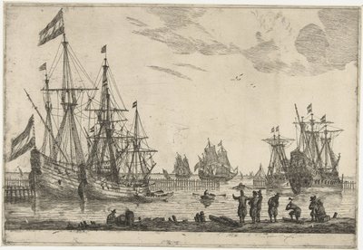 Cuatro veleros detrás de un rompeolas Trece escenas con barcos (título de la serie) de Reinier Nooms