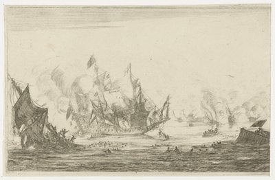 Batalla naval con un barco que se hunde New Ship Batalien (título de la serie) de Reinier Nooms