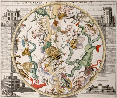 Parte de una carta estelar del hemisferio sur del Atlas Maior (1730) de Reiner Ottens, con el Observatorio de Greenwich (izquierda) y el observatorio de la Torre Redonda de Copenhague (derecha). de Reinier Ottens