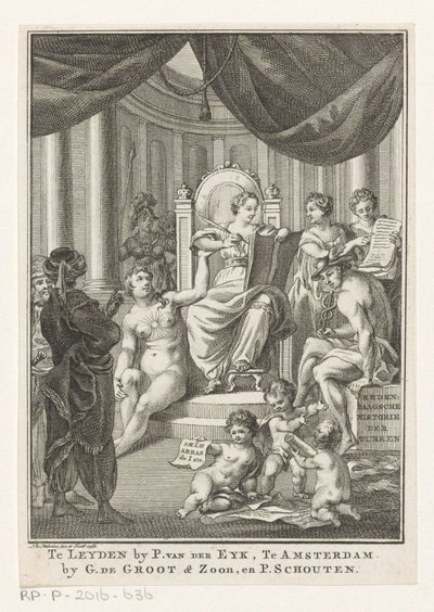 Representación alegórica con Historia, Verdad, Sabiduría Antigua y Prudencia Historia contemporánea de los turcos (título sobre objeto) Página de título para: S.n., Hedendagche historie o La continuación de la Historia general, 1767 de Reinier Vinkeles (I)