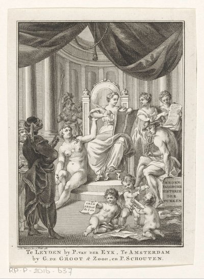 Representación alegórica con Historia, Verdad, Sabiduría Antigua y Prudencia Historia contemporánea de los turcos (título sobre objeto) Página de título para: S.n., Hedendagche historie o La continuación de la Historia general, 1767 de Reinier Vinkeles (I)