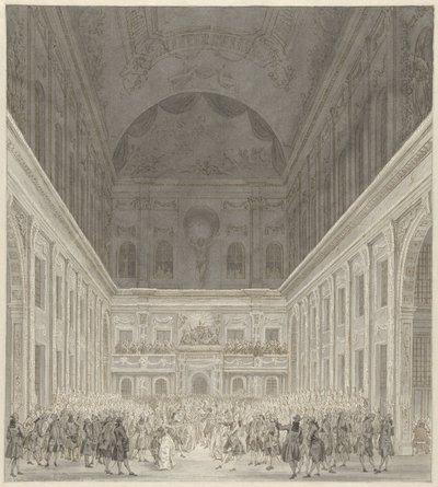 Baile en el Salón de Ciudadanos del Ayuntamiento de Ámsterdam en honor a la visita del Príncipe Guillermo V y Guillermina de Prusia, junio de 1768 de Reinier Vinkeles (I)