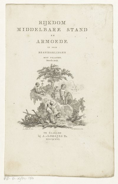 Tres amorcillos con atributos en un paisaje de montaña Página de título para: Adriaan Pietersz. Loosjes, Riqueza de la clase media y pobreza en tres reflexiones, 1816 de Reinier Vinkeles (I)